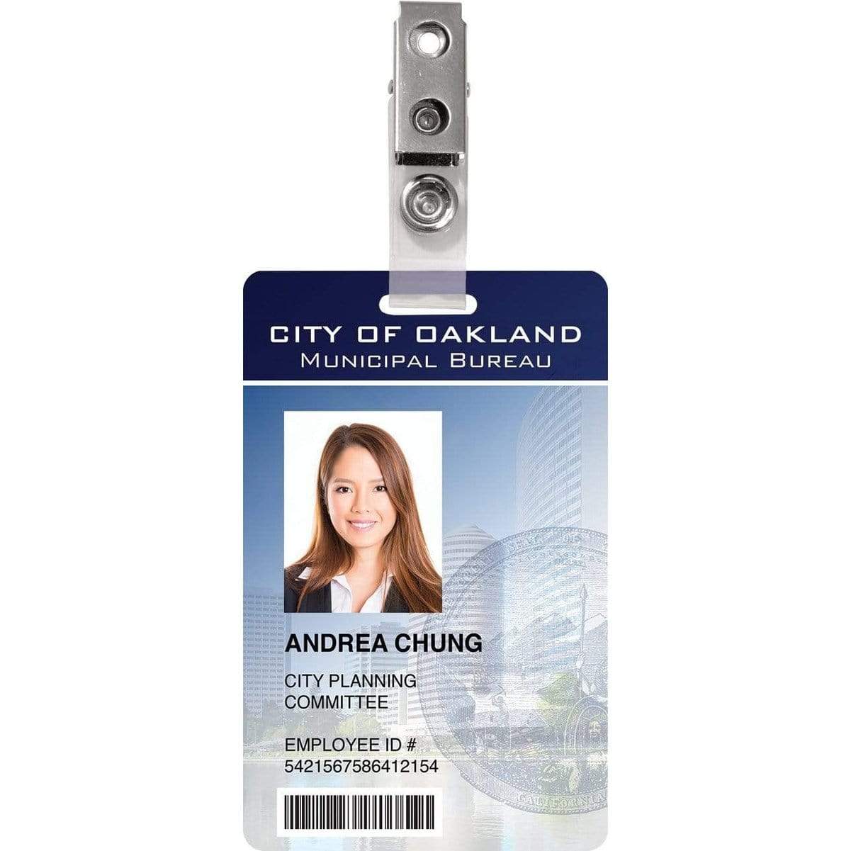 City of Oakland Municipal Bureau ID badge displaying a photo of a woman named Andrea Chung, part of the City Planning Committee, secured with an ID Badge Strap Clips (Industry Standard Clip). Employee ID #5421657586412154.