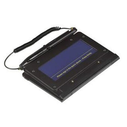 A sleek black Digital Signature T-S461-HSB-R SigLite SL 1 x 5 Topaz Capture Pad featuring a vibrant blue display screen and a coiled cable attached to the top, perfect for electronic signatures.
