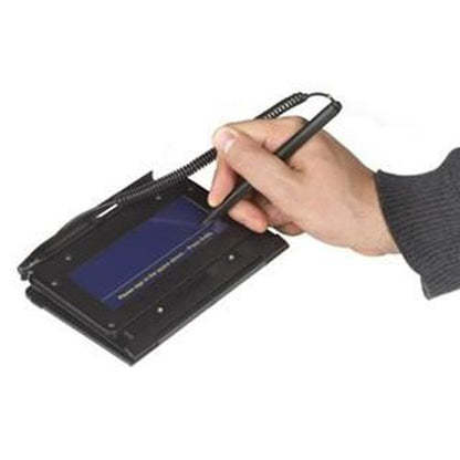 Hand holding a stylus, signing on a Digital Signature T-S461-HSB-R SigLite SL 1 x 5 Topaz Capture Pad placed on a flat surface.