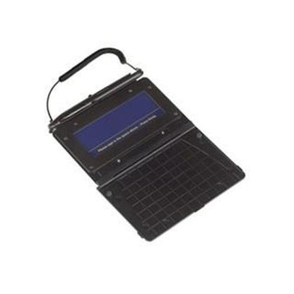 A small black electronic device resembling a laptop with a handle, featuring a screen and a keyboard with Braille characters, doubles as the Digital Signature T-S461-HSB-R SigLite SL 1 x 5 Topaz Capture Pad for electronic signatures.