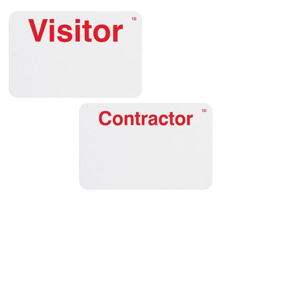 Two rectangular white One Step Manually-Issued Self-Expiring Badges, Box of 500 (P/N T200X) serve as visitor identification. One reads "Visitor" in red text, and the other reads "Contractor" in red text. Both manually-issued badges feature a small "1D" marking in the top right corner.