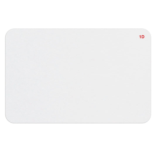 A blank white rectangular card with rounded corners and "1D" printed in small red text at the top right corner, perfect for use as One-Step One Day Thermal Printable Self-Expiring Visitor Badges, Box of 500 (T2011).