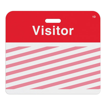 A red and white 500 Pack - Self Expiring Visitor Temp Badges (P/N T2014) with diagonal stripes and a blank section for writing details.