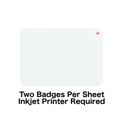 A One Day Self-Expiring Timejet Printable Frontpart, Box of 500 (P/N T2015) rectangular badge with "1D" in red on the top right corner and the text "Two Badges Per Sheet Inkjet Printer Required" below it, ideal for visitor management systems.