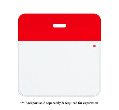 A blank, white badge with a red top section and a rectangular cutout for attachment. The text at the bottom reads, "* Backpart sold separately & required for expiration." Designed for seamless visitor management, this One Day Self-Expiring Timejet Printable Frontpart, Box of 500 (P/N T2015) integrates with Self-expiring Timejet systems.
