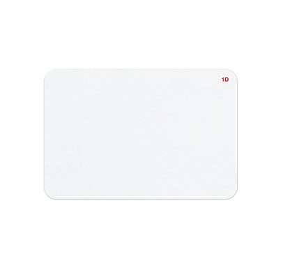 A blank, white rectangular card with rounded corners features a small red "1D" printed in the top right corner, ideal for visitor management. The card is part of the One Day Self-Expiring Timejet Printable Frontpart, Box of 500 (P/N T2015).