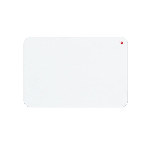 A blank, white rectangular card with rounded corners features a small red "1D" printed in the top right corner, ideal for visitor management. The card is part of the One Day Self-Expiring Timejet Printable Frontpart, Box of 500 (P/N T2015).