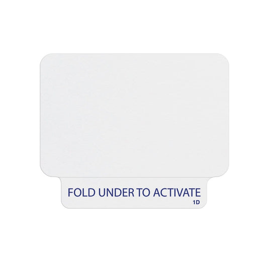 A white Thermal Printable ONEstep Quick Tab TimeBadge, Box of 1000 (P/N T2031) with a tab at the bottom bearing the text "FOLD UNDER TO ACTIVATE" in blue.