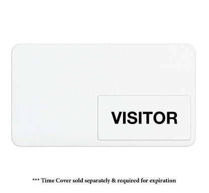 A blank white visitor badge with the word "VISITOR" in bold black letters on the right. Text below reads, "* Time Cover sold separately & required for expiration". Ideal for a streamlined Visitor Management system, this Thermal Printable Badge , Box of 1000 (P/N T4102) ensures professionalism and security.