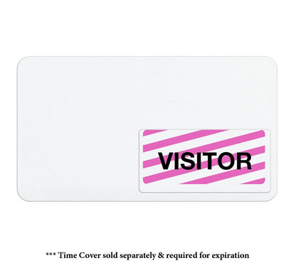 A rectangular white badge with a smaller white and pink striped section labeled "VISITOR." Text below reads: "* Thermal Printable Badge, Box of 1000 (P/N T4102) sold separately & required for expiration. This self-expiring temporary badge integrates seamlessly with your visitor management system.