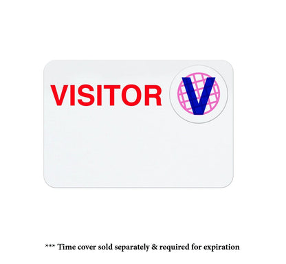 White rectangular badge with the word "VISITOR" in bold red text and a stylized "V" logo on the right. A note below reads, "* Time cover sold separately & required for expiration. Ideal for visitor management, these temporary badges ensure easy identification." 
Product Name: Manual "VISITOR" Badge With Expiring Time Covers, Box of 1000 (P/N T5812)