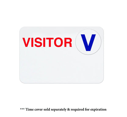 Manual "VISITOR" Badge With Expiring Time Covers, Box of 1000 (P/N T5812), with "VISITOR" in red and a large blue "V" on a white background. Text below reads, "* Time cover sold separately & required for expiration. Ideal for effective visitor management using expiring badges.