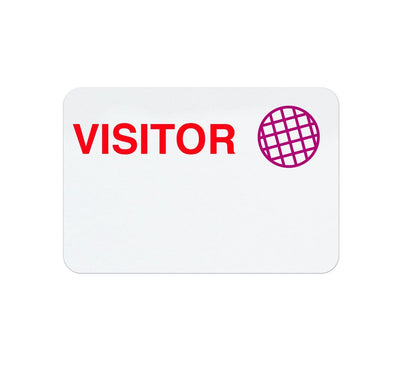 A Manual "VISITOR" Badge With Expiring Time Covers, Box of 1000 (P/N T5812) with the word "VISITOR" in red text and a purple grid-pattern circle on the right, typically used in visitor management to ensure seamless tracking.