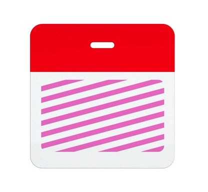 An abstract design featuring a three-section rectangular shape; the top part is red with a slot, reminiscent of Self Expiring Clip-on Backpart, Box of 1,000 (P/N T590X), and the bottom section is white with light purple diagonal stripes.