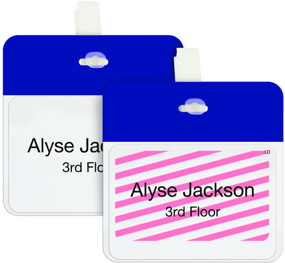 Two name badges for "Alyse Jackson, 3rd Floor." One badge has a plain background and the other features a pink diagonal stripe design. Both come with blue holders and white clips, ideal for visitor management. The Self Expiring Clip-on Backpart, Box of 1,000 (P/N T590X) ensures easy attachment and removal.
