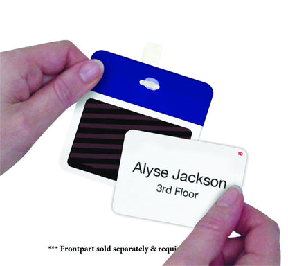 Hands holding a blue badge holder with an insert that reads "Alyse Jackson, 3rd Floor." Text below states: "* Front part sold separately & requires Self Expiring Clip-on Backpart, Box of 1,000 (P/N T590X)." This self-expiring badge system enhances visitor management.