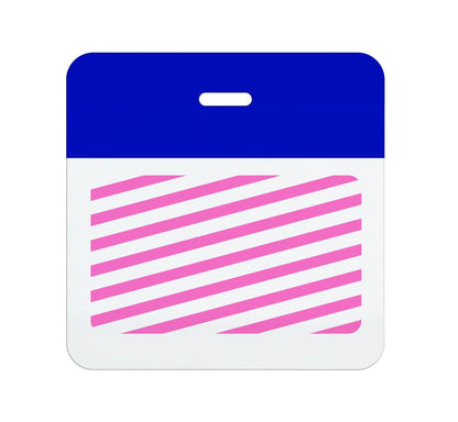 A white square badge with a blue top section and a pink diagonal striped pattern in the lower part. It features a convenient slot for a lanyard or clip at the top center, perfect for visitor management, such as the Self Expiring Clip-on Backpart, Box of 1,000 (P/N T590X).