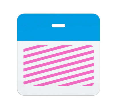 A Self Expiring Clip-on Backpart, Box of 1,000 (P/N T590X) with a blue top section and a white bottom section featuring pink diagonal stripes, integrating self-expiring badges for enhanced visitor management.