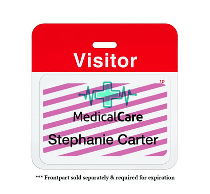 A Preprinted Self-Expiring Badge Backpart, Box of 1000 (P/N T59XX) with a preprinted red header labeled "Visitor" and a white section containing the name "Stephanie Carter" along with a medical care logo and some pink diagonal stripes. This thermal printable frontpart also features the convenience of a self-expiring badge.