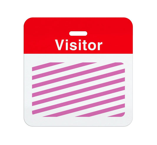 A red and white Preprinted Self-Expiring Badge Backpart, Box of 1000 (P/N T59XX) with the word "Visitor" written on it and purple diagonal stripes below the text, featuring a preprinted header for easy identification.