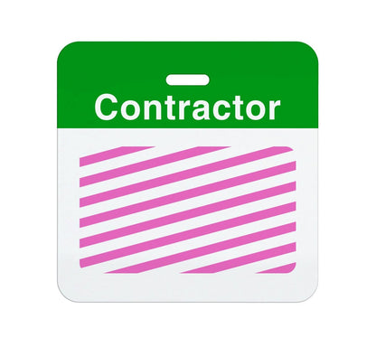 A Preprinted Self-Expiring Badge Backpart, Box of 1000 (P/N T59XX) featuring a preprinted header with a green top section labeled "Contractor" and a white bottom section adorned with slanted pink stripes.