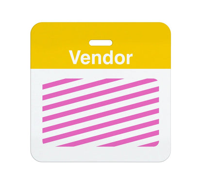 A Preprinted Self-Expiring Badge Backpart, Box of 1000 (P/N T59XX) with a yellow top labeled "Vendor" and a bottom section featuring pink diagonal stripes on a white background. Sold by Specialist ID.