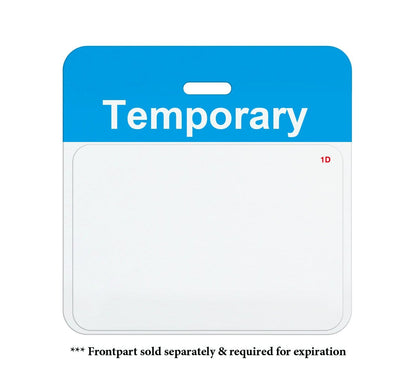 A blue and white self-expiring badge with the word "Temporary" written on it. The bottom section is blank. Text below says "* Preprinted Self-Expiring Badge Backpart, Box of 1000 (P/N T59XX) sold separately & required for expiration".