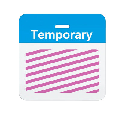 A Preprinted Self-Expiring Badge Backpart, Box of 1000 (P/N T59XX) with a preprinted header labeled "Temporary" in the blue top section and a lower section featuring diagonal pink stripes.