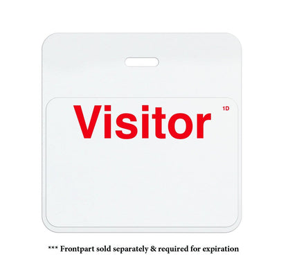 A white visitor badge with the word "Visitor" in large red letters. Text below reads, "* Frontpart sold separately & required for expiration. Ideal for visitor management, these badges feature a Self Expiring Clip-on Backpart, Box of 1,000 (P/N T590X).