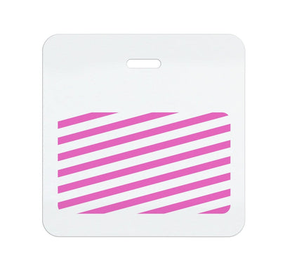 A white square badge with a cutout slot at the top and diagonal pink stripes in the middle, perfect for visitor management, featuring a Self Expiring Clip-on Backpart, Box of 1,000 (P/N T590X).