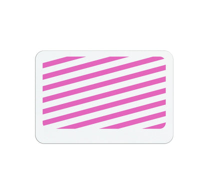 White rectangular card with pink diagonal stripes across the center, featuring an adhesive backpart for easy attachment. Ideal for visitor management as an Expiring TIMEbadge Adhesive Backpart, Box of 1000 (P/N T6032A).