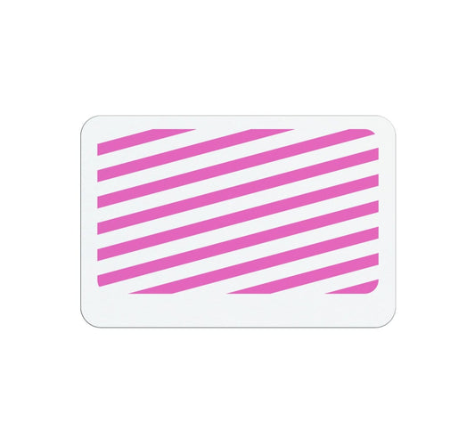 White rectangular card with pink diagonal stripes across the center, featuring an adhesive backpart for easy attachment. Ideal for visitor management as an Expiring TIMEbadge Adhesive Backpart, Box of 1000 (P/N T6032A).