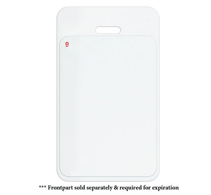 A blank ID badge is shown with a cutout near the top for a lanyard. Below the badge, small text reads, "* Frontpart sold separately & required for expiration." This Vertical Manual Expiring TIMEbadge Clip-on Backpart, Box of 1,000 (P/N T6054A) enhances visitor management by ensuring security with self-expiring temporary badges.