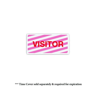 A rectangular pink and white striped badge with the word "VISITOR" in red lettering. Text below reads "* One-day TIMEtoken Backpart Indicator, Box of 1000 (P/N T6057) sold separately & required for expiration".