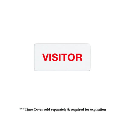 A white badge with the word "VISITOR" in red. Below the badge, there is a note saying, "* Time Cover sold separately & required for expiration. Ideal for self-expiring temporary badges, these are perfect for One-day TIMEtoken Backpart Indicator, Box of 1000 (P/N T6057) visitor management.