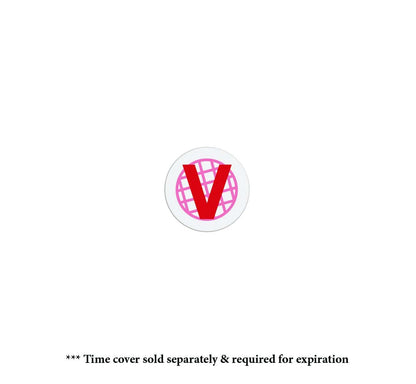 A circular logo with a red "V" over a pink globe. Text below reads, "* Expiring Time Spot Cover Backpart / Indicator, Box of 1000 (P/N T6059) sold separately & required for expiration". Ideal for visitor management, the background is white.