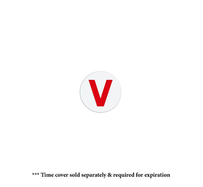 White circle with a bold red uppercase letter "V" in the center. Below the circle, text reads, "Expiring Time Spot Cover Backpart / Indicator, Box of 1000 (P/N T6059) sold separately & required for expiration." Ideal for use as temporary badges in...