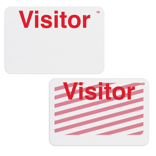 Two Frontpart Preprinted One Day Self Expiring Badges - Box of 1,000 (P/N T610X) visitor badges with "Visitor" written in bold red. One badge is plain white, and the other has diagonal pink stripes, incorporating self-expiring TIMEbadge technology to enhance security measures for one-day visitors.