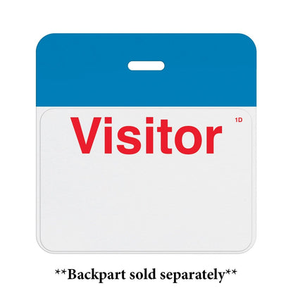 Frontpart Preprinted One Day Self Expiring Badges - Box of 1,000 (P/N T610X) with a blue top border and a white lower section labeled "Visitor" in red text. A note below states, "Backpart sold separately". This self-expiring TIMEbadge enhances your security measures by visibly indicating when the badge has expired after one day.