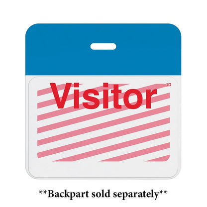 A **Frontpart Preprinted One Day Self Expiring Badges - Box of 1,000 (P/N T610X)** with a blue top and white bottom featuring the word "Visitor" in bold red text against a pink diagonal stripe background. Note reads: "Backpart sold separately". This one-day Timebadge enhances security measures by preventing reuse.