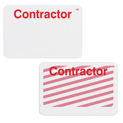 Two contractor badges are shown. One is plain white with "Contractor" in red, while the other features pink diagonal stripes with "Contractor" in red. These Frontpart Preprinted One Day Self Expiring Badges - Box of 1,000 (P/N T610X) offer enhanced security measures for temporary access control.