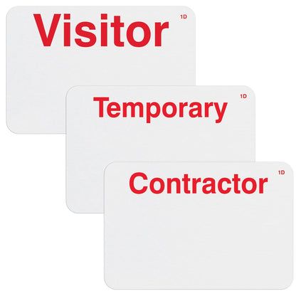 Three white rectangular badges with red text reading "Visitor," "Temporary," and "Contractor" serve as essential security measures. These Frontpart Preprinted One Day Self Expiring Badges - Box of 1,000 (P/N T610X) ensure proper identification and limited access for all temporary guests.