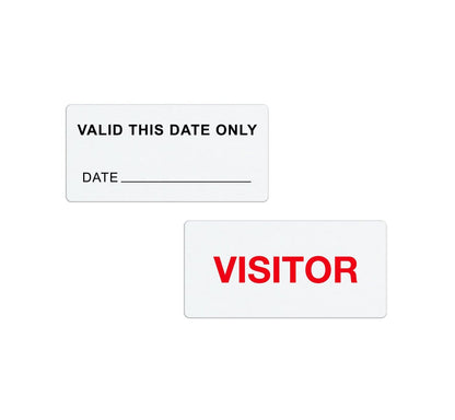 Two white labels: one reads "VALID THIS DATE ONLY" with a blank line for the date, the other reads "VISITOR" in red text, perfect for visitor management with Self-Expiring One-day TIMEtoken Indicators, Box of 1000 (P/N T611X).