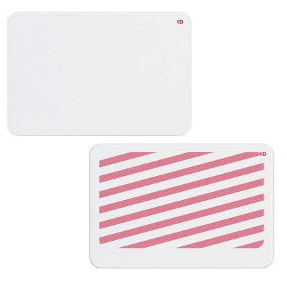 The image shows two rectangular self-expiring Frontpart Preprinted One Day Self Expiring Badges - Box of 1,000 (P/N T610X). One card is plain white except for "1D" in red text in the top right corner. The other card has diagonal pink stripes and "1D" in red text, indicating it is a one-day TIMEbadge, implementing security measures.