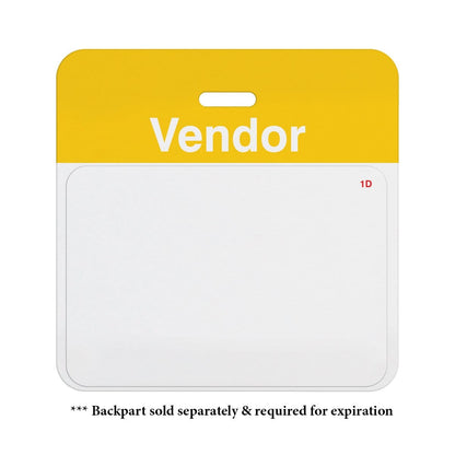 A Thermal-printable TIMEbadge Frontpart One-day Expiration (P/N T6151) vendor badge with a yellow top section and white bottom section. The text "Vendor" is written at the top, and a small "1D" in the top right corner signifies its one-day expiration. Caption below reads "Backpart sold separately & required for expiration." Ideal for thermal printable badges with customizable layouts.