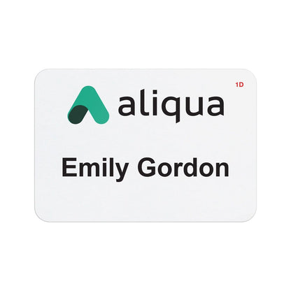 A Thermal-printable TIMEbadge Frontpart One-day Expiration (P/N T6151) with a green logo, "aliqua" text, and the name "Emily Gordon" printed below, featuring a customizable layout.