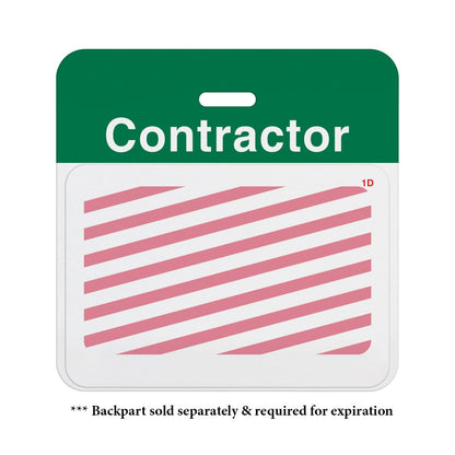 Contractor badge card with diagonal pink stripes. The card packaging states that the Thermal-printable TIMEbadge Frontpart One-day Expiration (P/N T6151), which is sold separately and required for expiration, supports a customizable layout ideal f...