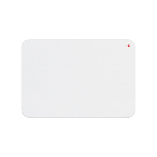 A plain white card with rounded corners, featuring the text "1D" in small red print on the upper right corner, perfect for Thermal-printable TIMEbadge Frontpart One-day Expiration (P/N T6151).
