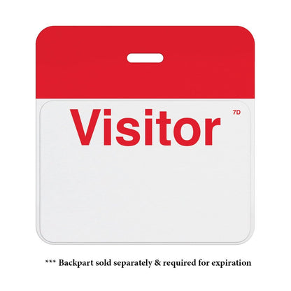 A white visitor ID badge with a red top section, displaying the word "Visitor" in large red text. A note under the badge reads "* Backpart sold separately & required for expiration". This Manual One-week Expiring TIMEbadge "VISITOR" (P/N T6203) enhances visitor management by ensuring temporary access is controlled.