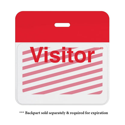 A red and white Manual One-week Expiring TIMEbadge "VISITOR" (P/N T6203) with stripes. Text at the bottom reads: "* Back part sold separately & required for expiration.